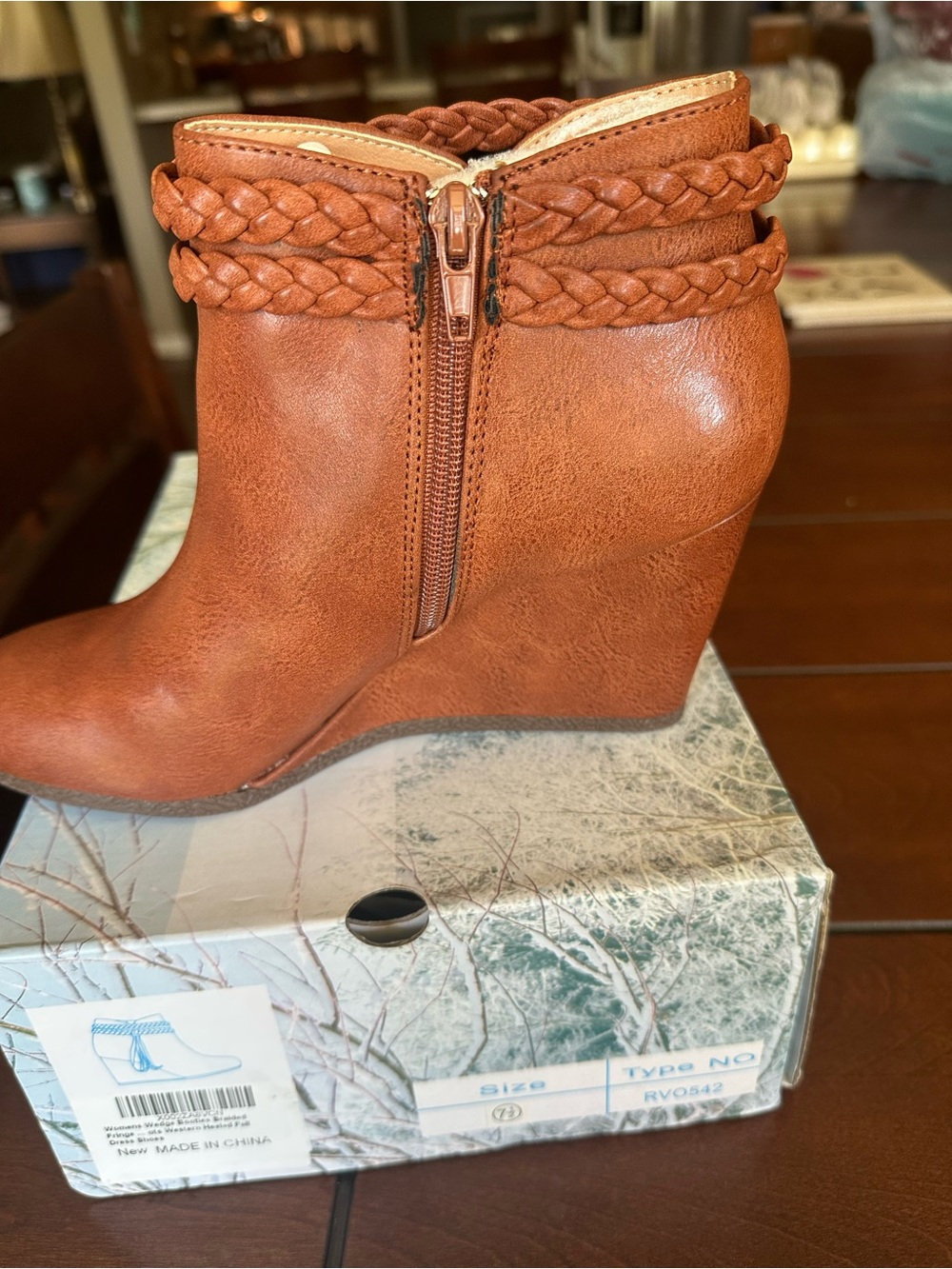 Women’s Braided Ankle Wedge Boot in Cognac